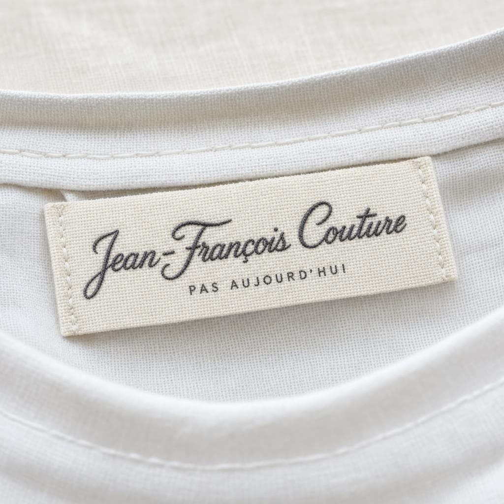 Eticheta țesută Jean-François Couture — cusută à la main în gulerul tricoului alb